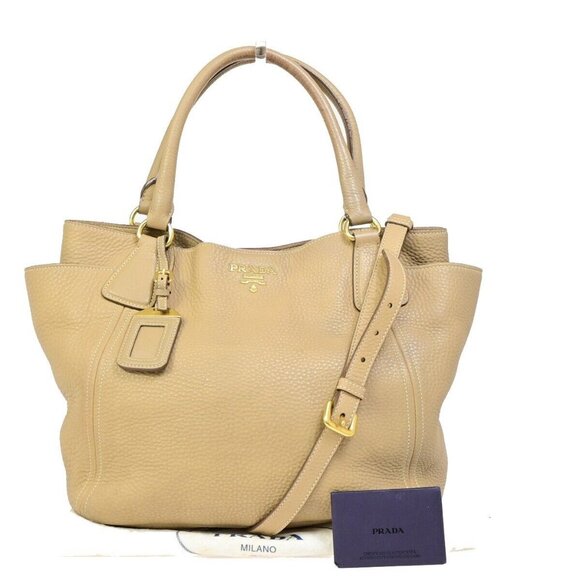 PRADA Logo 2Way Shoulder Hand Bag Vitello Phenix Leather Beige Cannella 70EB883 - Picture 1 of 16